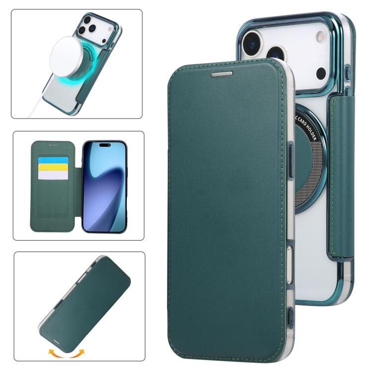 For iPhone 17 Pro Max Ultra-thin Magnetic Plating Vegan Leather Phone Case(Blackish Green)