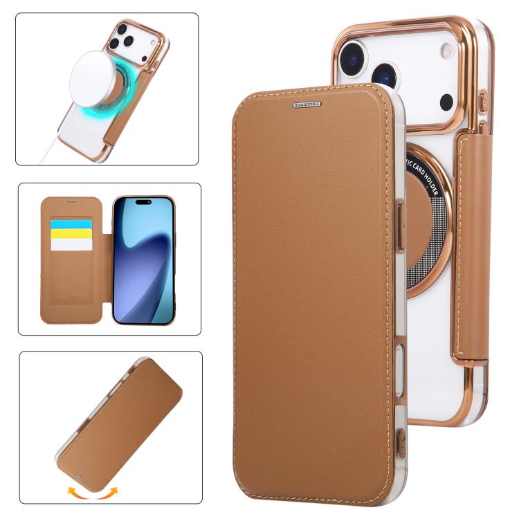 For iPhone 17 Pro Max Ultra-thin Magnetic Plating Vegan Leather Phone Case(Brown)