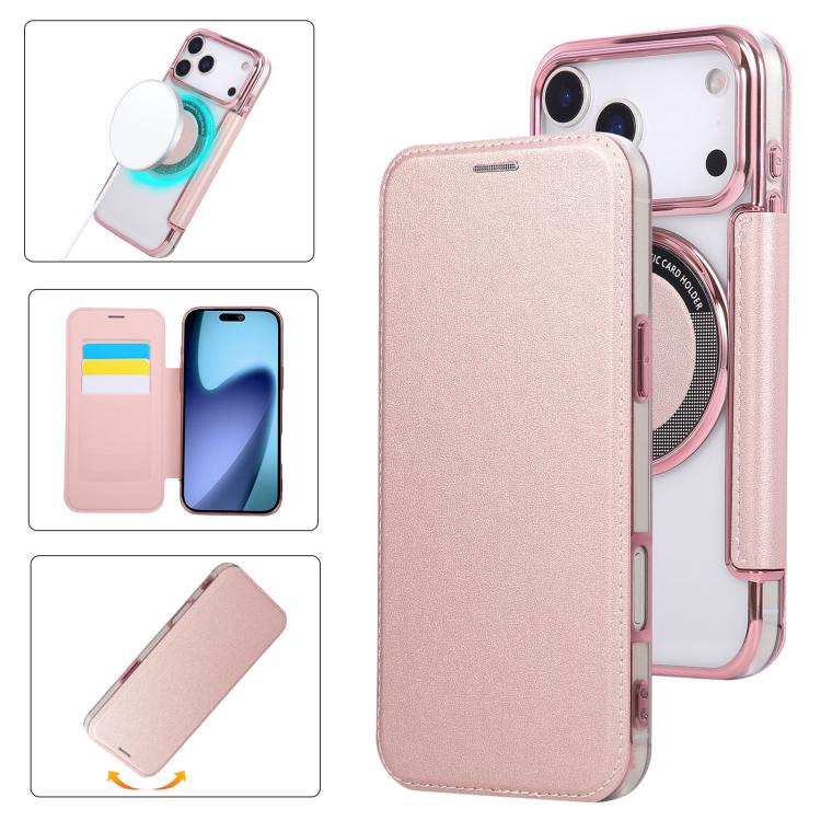 For iPhone 17 Pro Max Ultra-thin Magnetic Plating Vegan Leather Phone Case(Rose Gold)