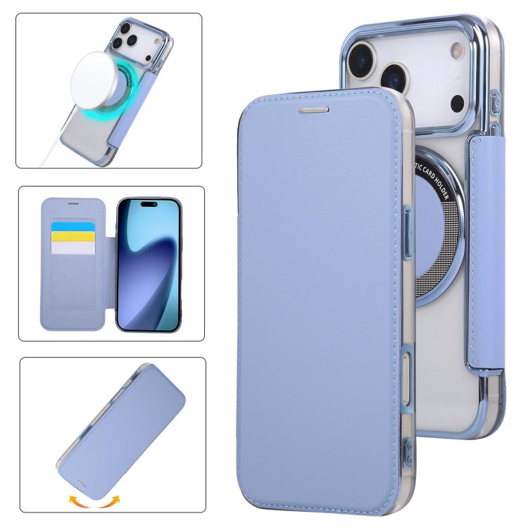 For iPhone 17 Pro Max Ultra-thin Magnetic Plating Vegan Leather Phone Case(Sierra Blue)