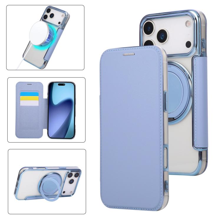 For iPhone 17 Pro Max Ultra-thin Rotation Holder Magnetic Plating Vegan Leather Phone Case(Sierra Blue)
