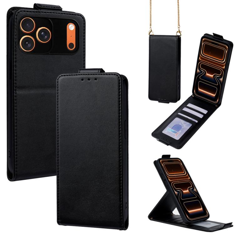 For iPhone 17 Pro Max Vertical Flip Cover Solid Color Vegan Leather Phone Case with Crossbody Chain(Black)
