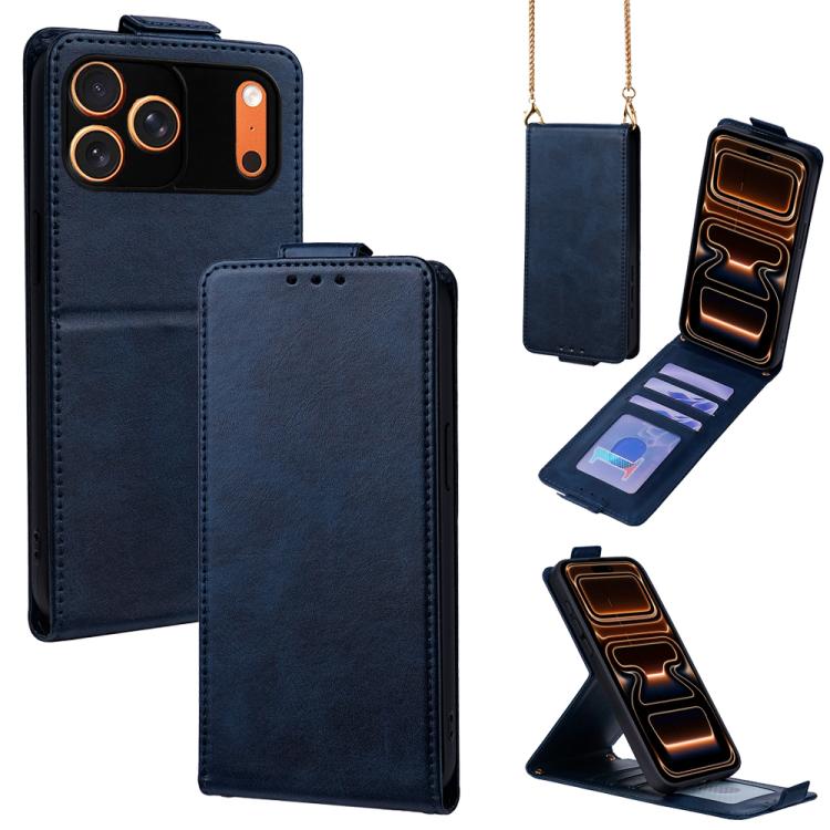 For iPhone 17 Pro Max Vertical Flip Cover Solid Color Vegan Leather Phone Case with Crossbody Chain(Blue)