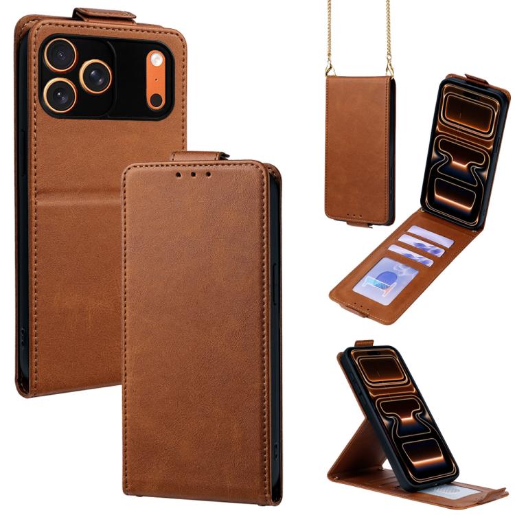 For iPhone 17 Pro Max Vertical Flip Cover Solid Color Vegan Leather Phone Case with Crossbody Chain(Brown)