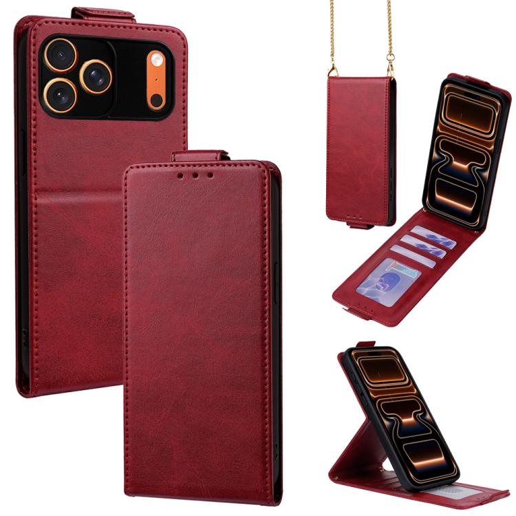 For iPhone 17 Pro Max Vertical Flip Cover Solid Color Vegan Leather Phone Case with Crossbody Chain(Red)