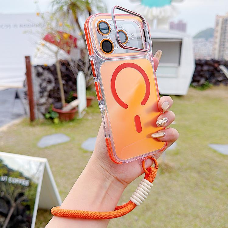 For iPhone 17 Pro Max Vibrant Chameleon Lens Kickstand Magnetic Phone Case with Wrist Strap(Orange)
