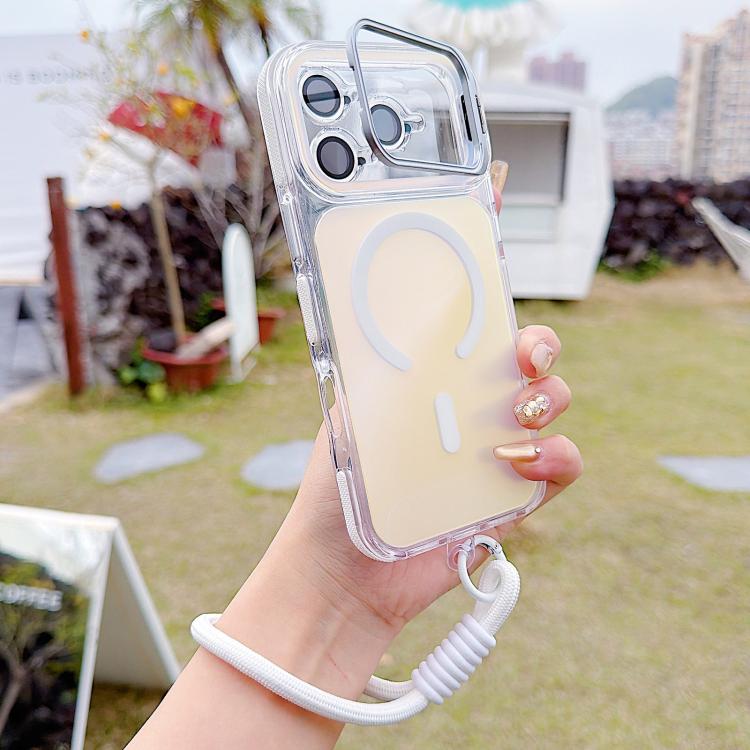 For iPhone 17 Pro Max Vibrant Chameleon Lens Kickstand Magnetic Phone Case with Wrist Strap(White)