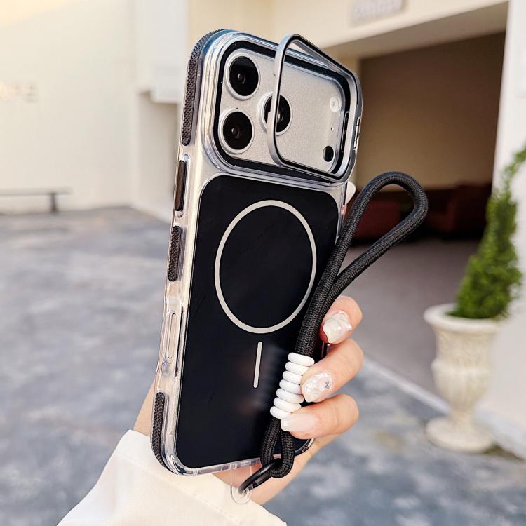 For iPhone 17 Pro Max Vibrant Dual-color Lens Kickstand Magnetic Phone Case with Wrist Strap(Black)