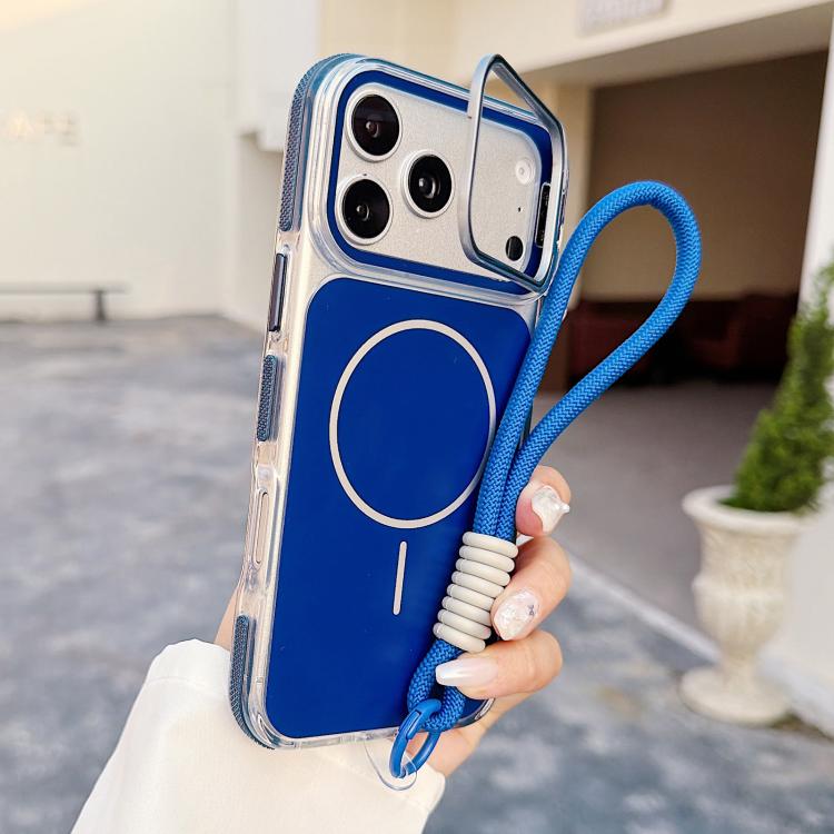 For iPhone 17 Pro Max Vibrant Dual-color Lens Kickstand Magnetic Phone Case with Wrist Strap(Blue)