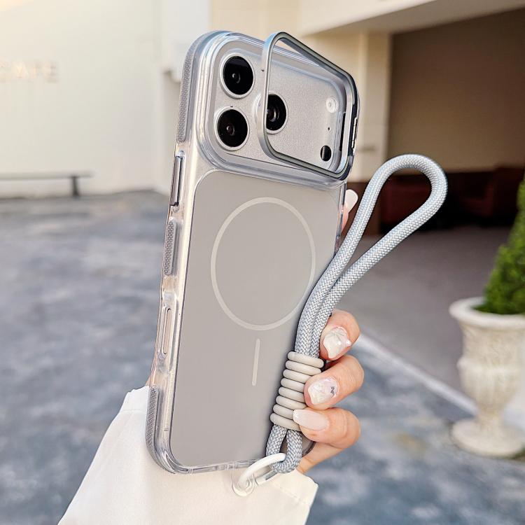 For iPhone 17 Pro Max Vibrant Dual-color Lens Kickstand Magnetic Phone Case with Wrist Strap(Grey)