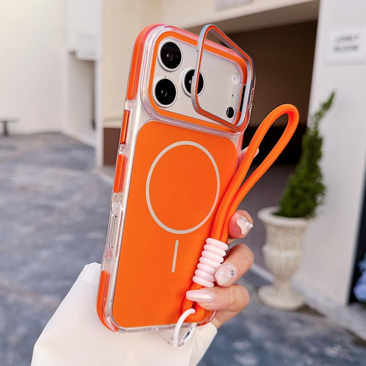 For iPhone 17 Pro Max Vibrant Dual-color Lens Kickstand Magnetic Phone Case with Wrist Strap(Orange)
