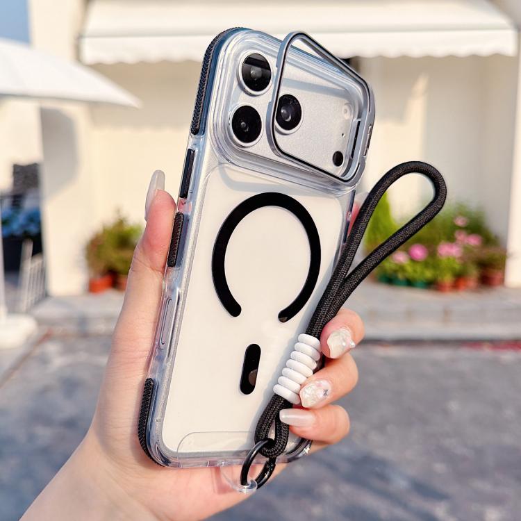 For iPhone 17 Pro Max Vibrant Transparent Lens Kickstand Magnetic Phone Case with Wrist Strap(Black)