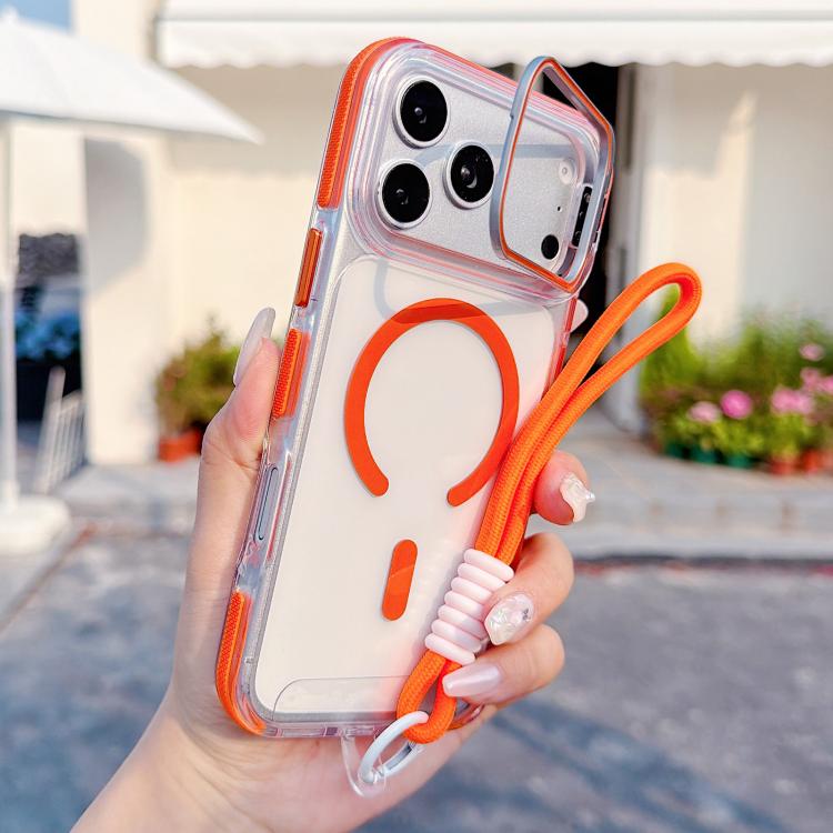 For iPhone 17 Pro Max Vibrant Transparent Lens Kickstand Magnetic Phone Case with Wrist Strap(Orange)
