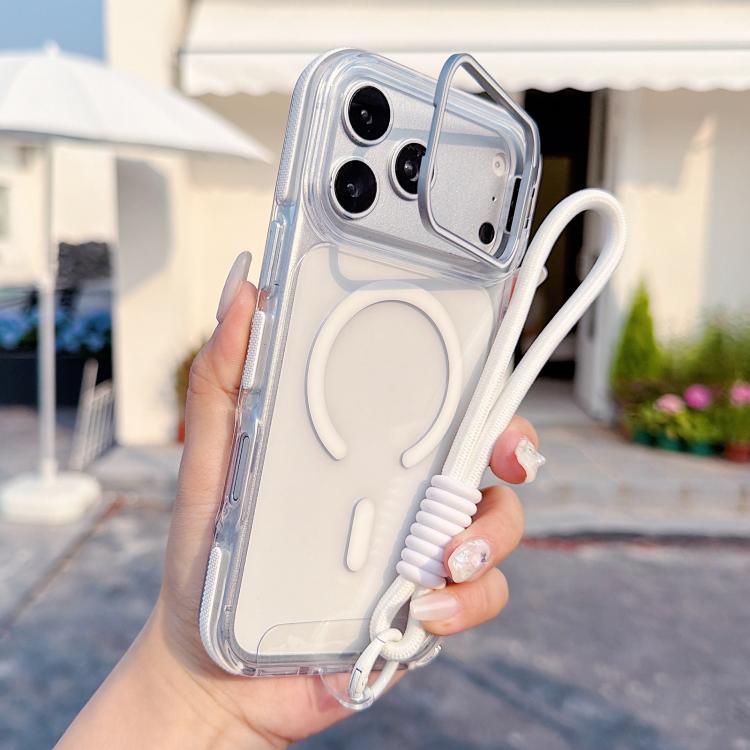 For iPhone 17 Pro Max Vibrant Transparent Lens Kickstand Magnetic Phone Case with Wrist Strap(White)