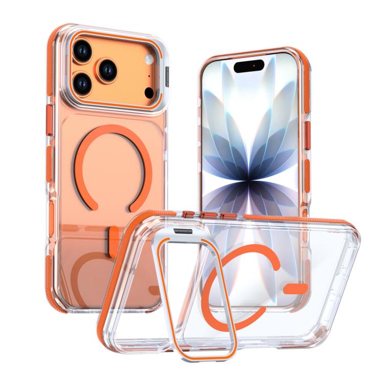 For iPhone 17 Pro Max Vibrant Transparent Lens Kickstand Magnetic Phone Case(Orange)