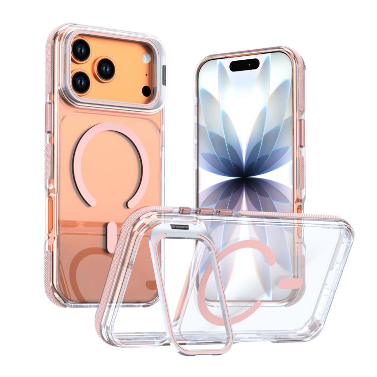 For iPhone 17 Pro Max Vibrant Transparent Lens Kickstand Magnetic Phone Case(Pink)