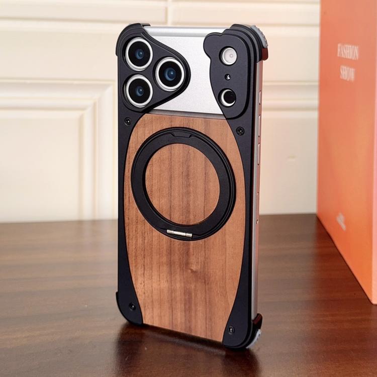 For iPhone 17 Pro Max Walnut Metal Frameless 360 Degree Rotation Holder MagSafe Phone Case(Black)