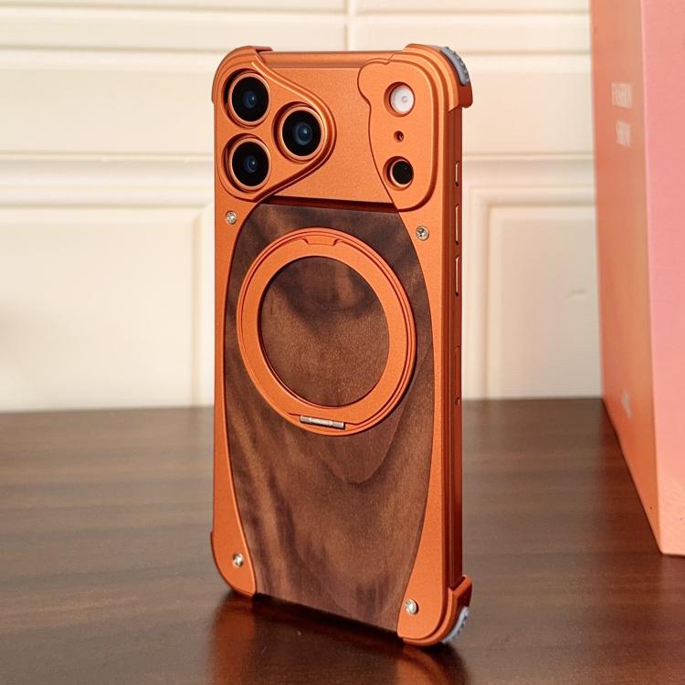 For iPhone 17 Pro Max Walnut Metal Frameless 360 Degree Rotation Holder MagSafe Phone Case(Orange)