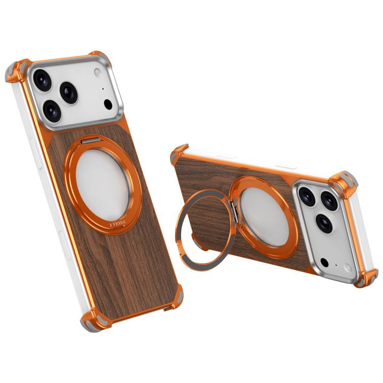 For iPhone 17 Pro Max Walnut Wood Frameless Hollow Magnetic Phone Case with Rotating Holder(Orange)