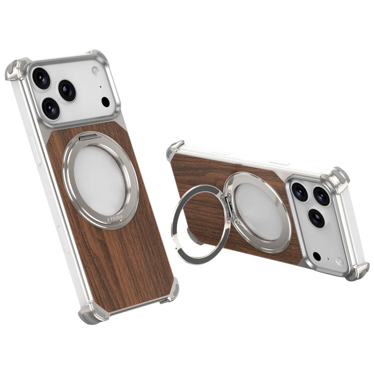 For iPhone 17 Pro Max Walnut Wood Frameless Hollow Magnetic Phone Case with Rotating Holder(Titanium)