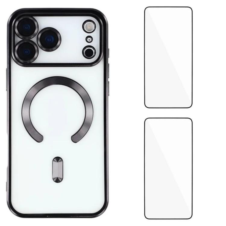 For iPhone 17 Pro Max WANLONFENG CD Magnetic Electroplated TPU Phone Case with 2pcs Screen Films(Black)