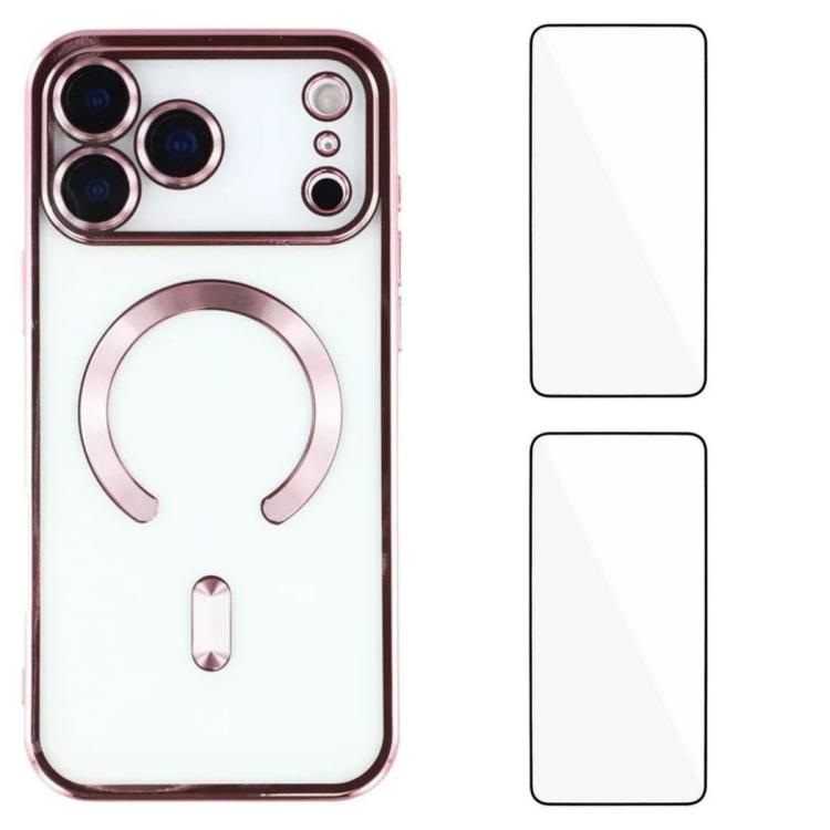 For iPhone 17 Pro Max WANLONFENG CD Magnetic Electroplated TPU Phone Case with 2pcs Screen Films(Pink)