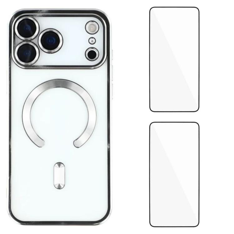 For iPhone 17 Pro Max WANLONFENG CD Magnetic Electroplated TPU Phone Case with 2pcs Screen Films(Silver)