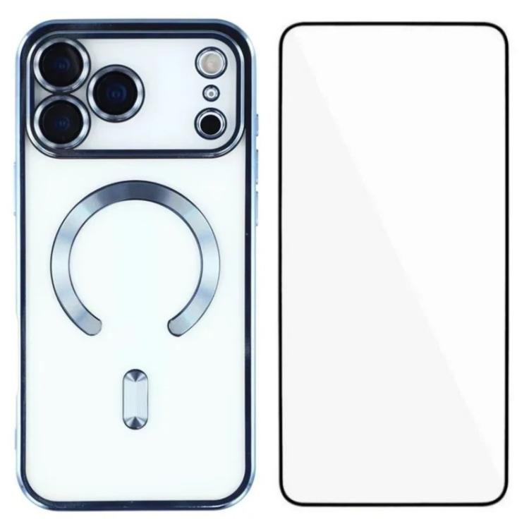 For iPhone 17 Pro Max WANLONFENG CD Magnetic Electroplated TPU Phone Case with Screen Protector(Blue)