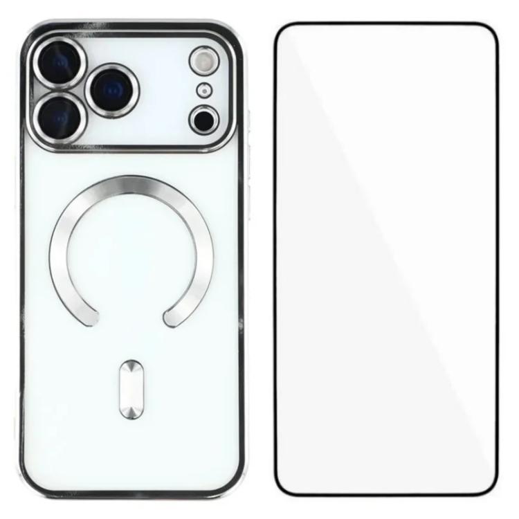 For iPhone 17 Pro Max WANLONFENG CD Magnetic Electroplated TPU Phone Case with Screen Protector(Silver)