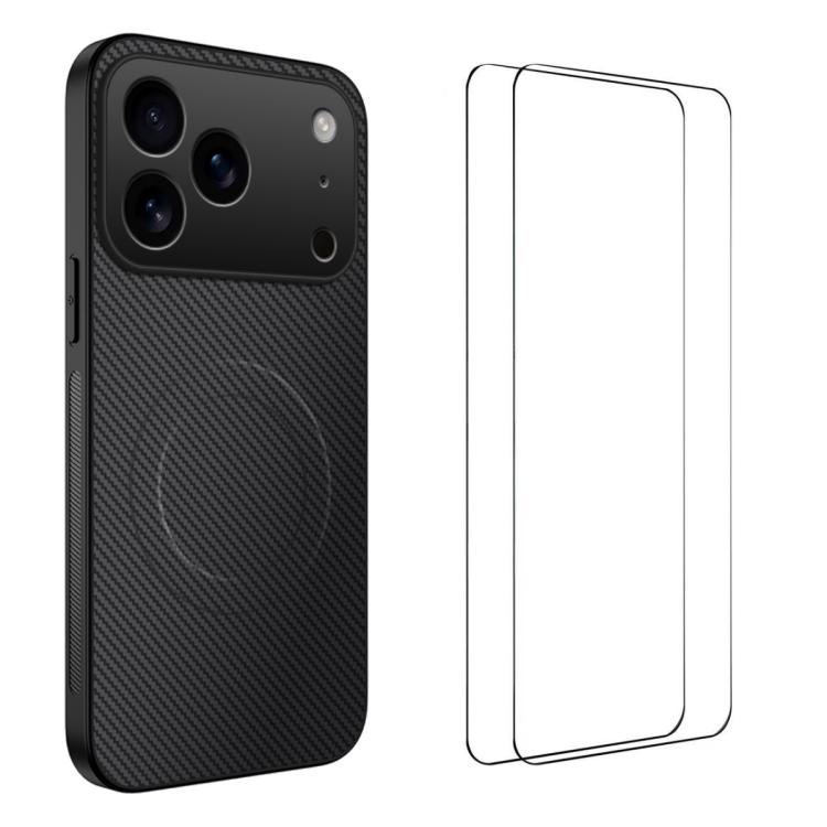For iPhone 17 Pro Max WANLONFENG TQ1 Series Magnetic Carbon Fiber Texture Phone Case with 2pcs Screen Films(Black)