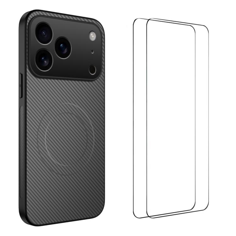 For iPhone 17 Pro Max WANLONFENG TQ1 Series Magnetic Carbon Fiber Texture Phone Case with 2pcs Screen Films(Grey)