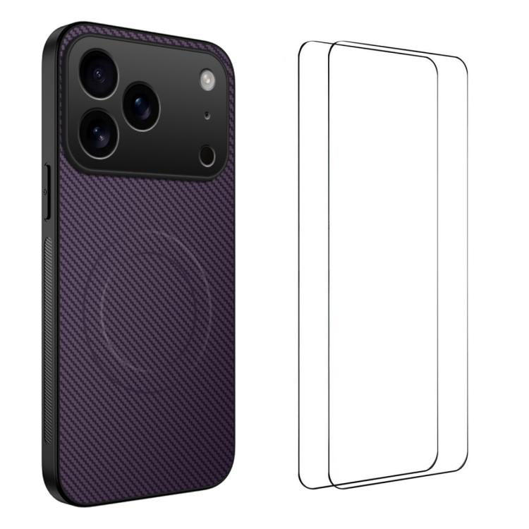 For iPhone 17 Pro Max WANLONFENG TQ1 Series Magnetic Carbon Fiber Texture Phone Case with 2pcs Screen Films(Purple)
