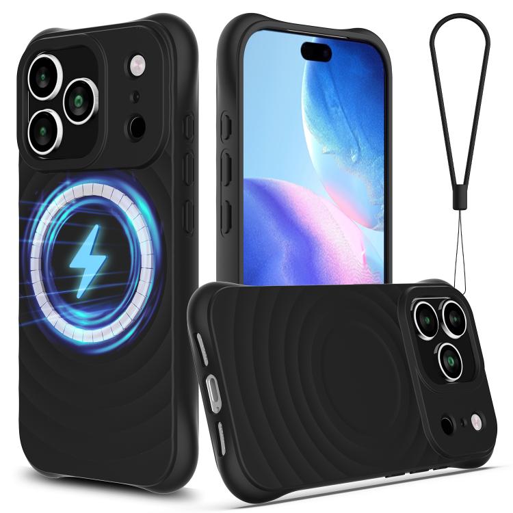 For iPhone 17 Pro Max Wave Texture MagSafe Magnetic Liquid Silicone Phone Case(Black)