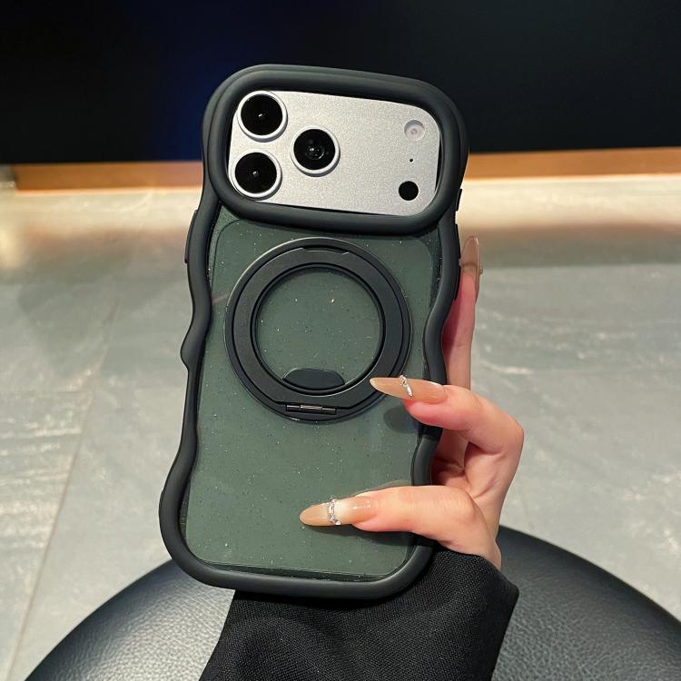 For iPhone 17 Pro Max Wavy Edge Translucent Glitter Rotating Bracket Magnetic Phone Case(Black)