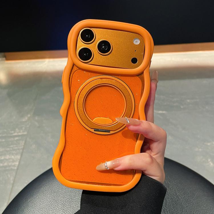 For iPhone 17 Pro Max Wavy Edge Translucent Glitter Rotating Bracket Magnetic Phone Case(Orange)