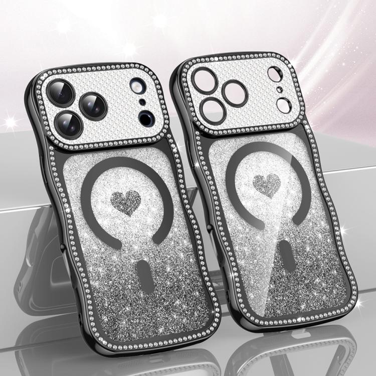 For iPhone 17 Pro Max Wavy Frame Star Diamond Electroplate TPU Glitter Heart Magnetic Phone Case(Gradient Black)