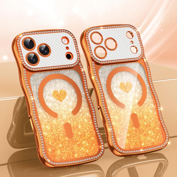 For iPhone 17 Pro Max Wavy Frame Star Diamond Electroplate TPU Glitter Heart Magnetic Phone Case(Gradient Orange)