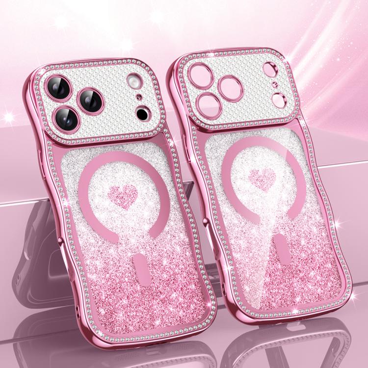 For iPhone 17 Pro Max Wavy Frame Star Diamond Electroplate TPU Glitter Heart Magnetic Phone Case(Gradient Pink)