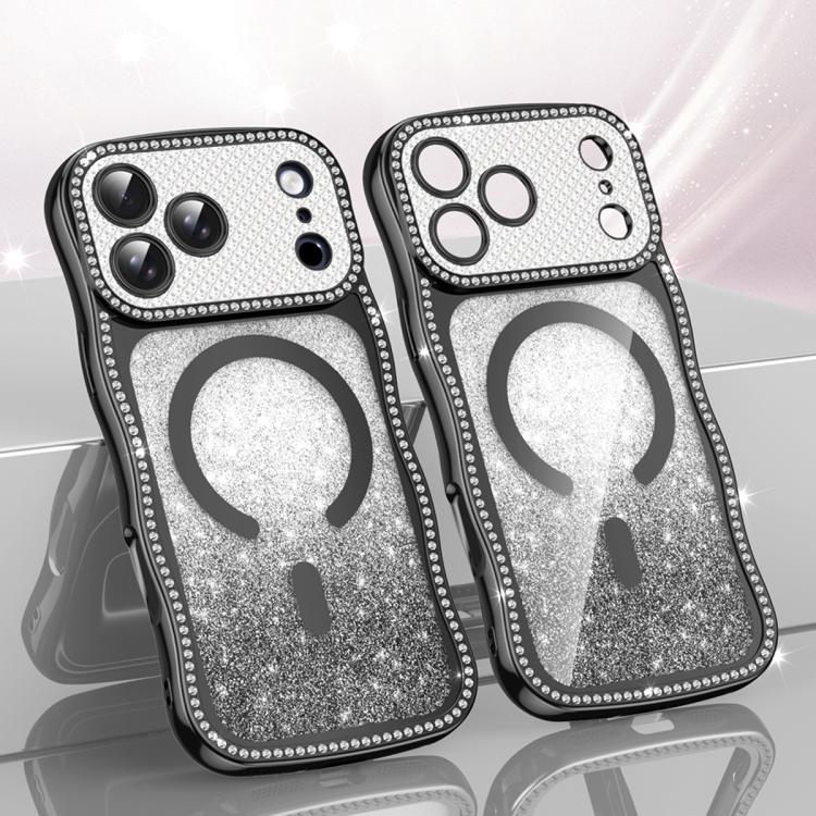 For iPhone 17 Pro Max Wavy Frame Star Diamond Electroplate TPU Glitter Magnetic Phone Case(Gradient Black)