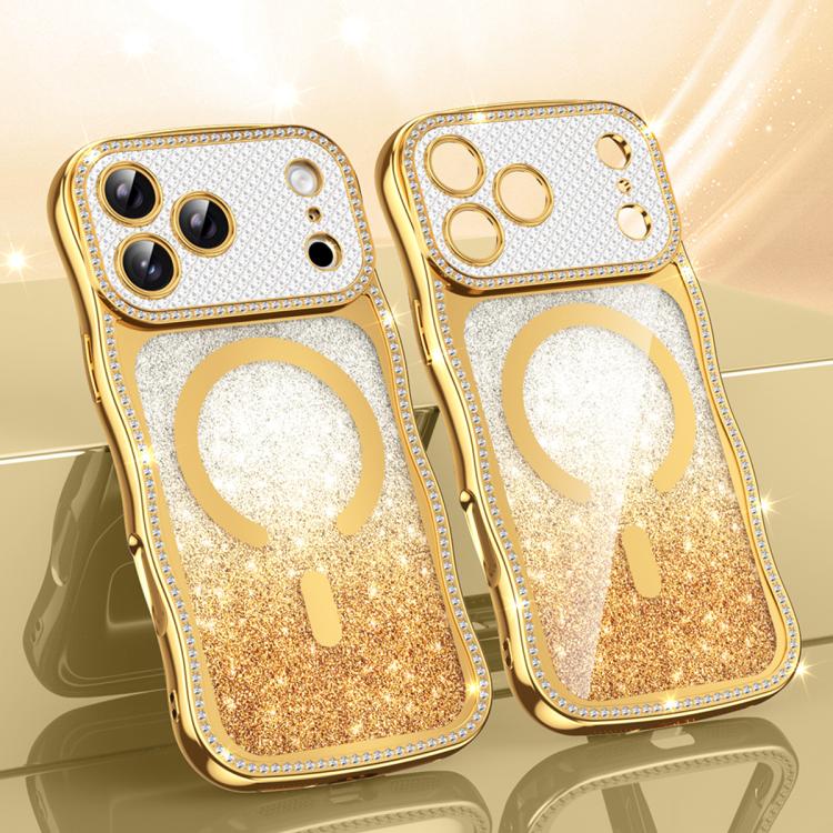For iPhone 17 Pro Max Wavy Frame Star Diamond Electroplate TPU Glitter Magnetic Phone Case(Gradient Gold)