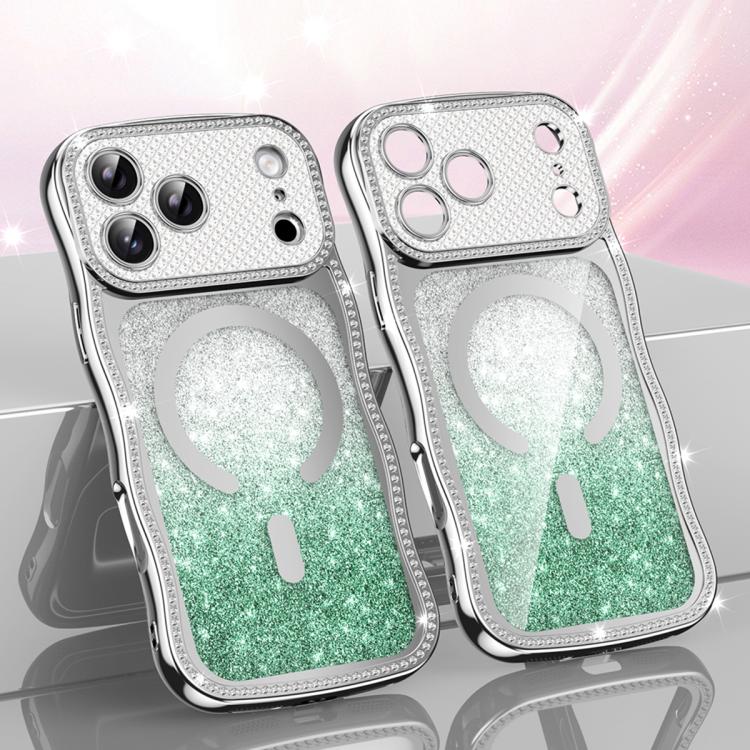 For iPhone 17 Pro Max Wavy Frame Star Diamond Electroplate TPU Glitter Magnetic Phone Case(Gradient Green)