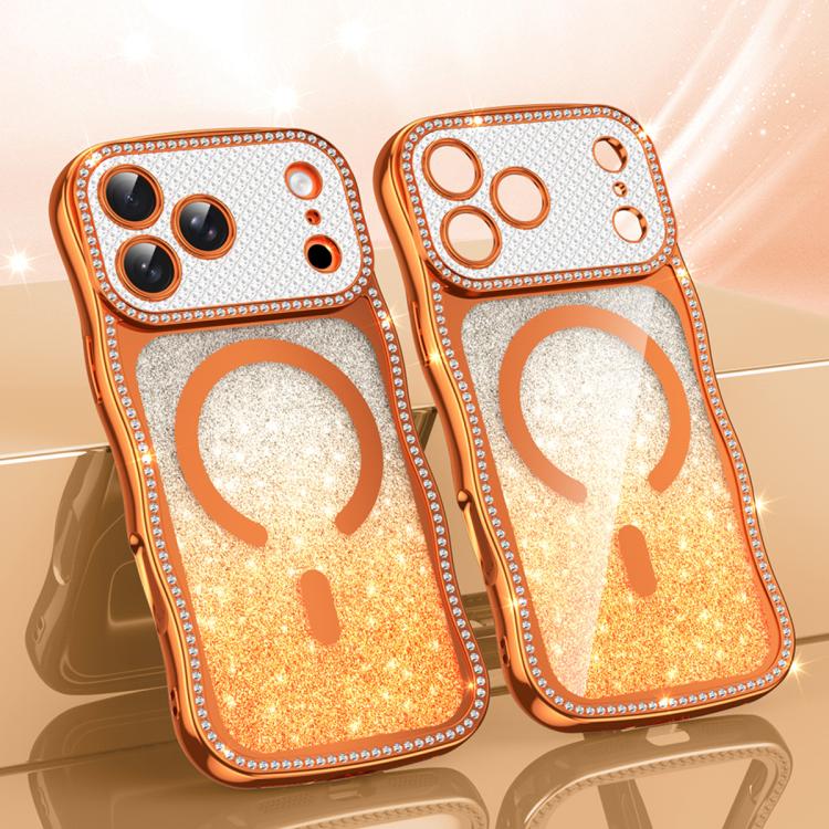 For iPhone 17 Pro Max Wavy Frame Star Diamond Electroplate TPU Glitter Magnetic Phone Case(Gradient Orange)
