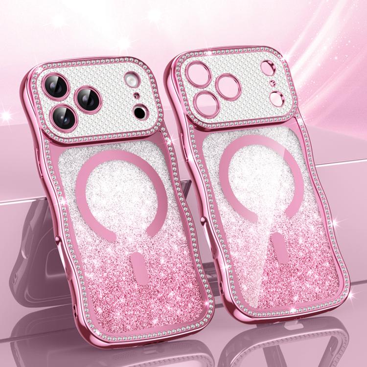 For iPhone 17 Pro Max Wavy Frame Star Diamond Electroplate TPU Glitter Magnetic Phone Case(Gradient Pink)