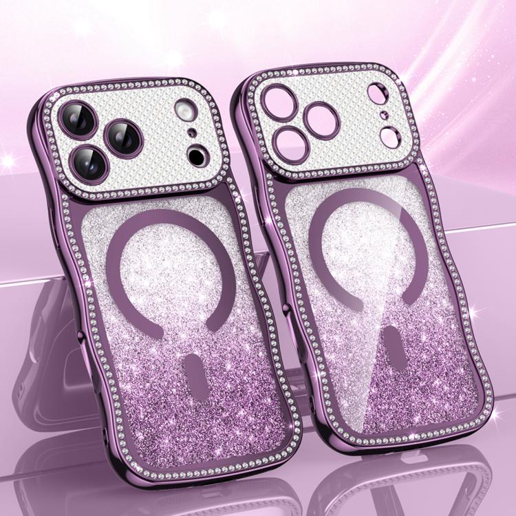 For iPhone 17 Pro Max Wavy Frame Star Diamond Electroplate TPU Glitter Magnetic Phone Case(Gradient Purple)