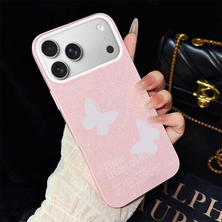 For iPhone 17 Pro Max White Butterflies Pattern IMD Glitter PC Hybrid TPU Phone Case(Pink)