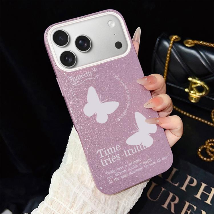 For iPhone 17 Pro Max White Butterflies Pattern IMD Glitter PC Hybrid TPU Phone Case(Purple)