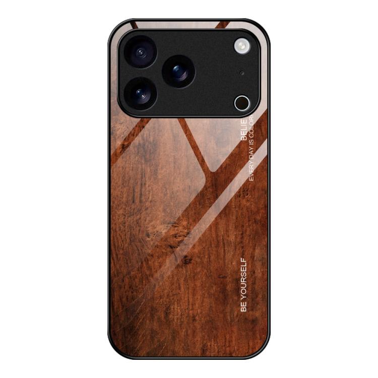 For iPhone 17 Pro Max Wood Grain Glass Phone Case(Dark Brown)