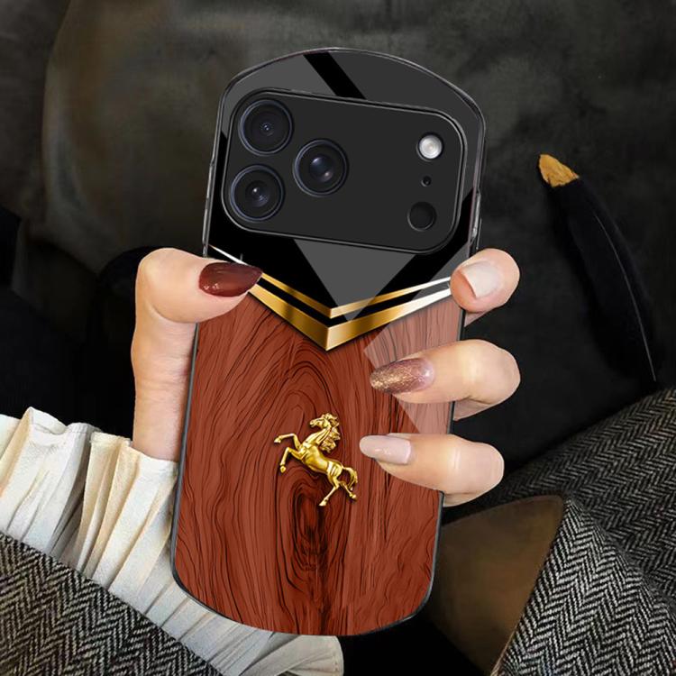 For iPhone 17 Pro Max Wood Texture Golden Horse Pattern TPU + PC + Tempered Glass Phone Case(Orange)