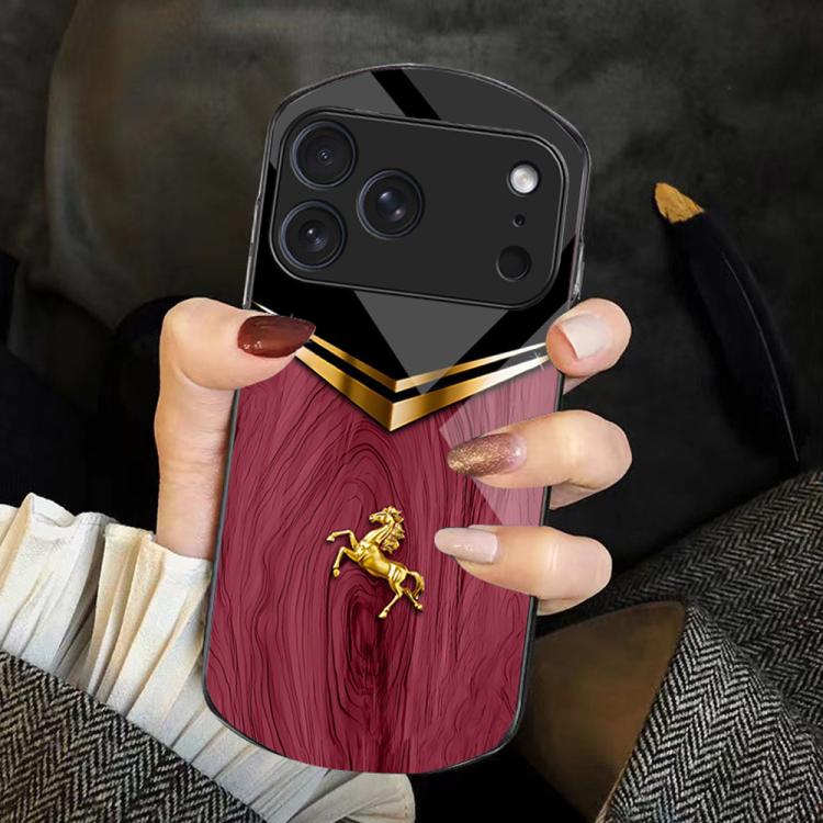 For iPhone 17 Pro Max Wood Texture Golden Horse Pattern TPU + PC + Tempered Glass Phone Case(Red)