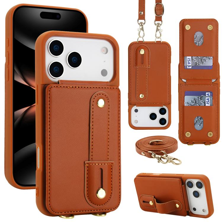 For iPhone 17 Pro Max Wristband Vertical Flip Wallet Back Cover Phone Case with Long Lanyard(Brown)